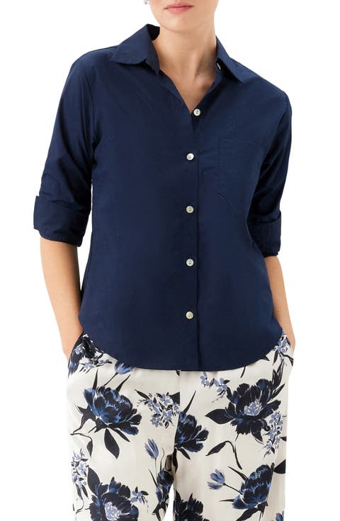 Ruched Sleeve Cotton Button-Up Shirt