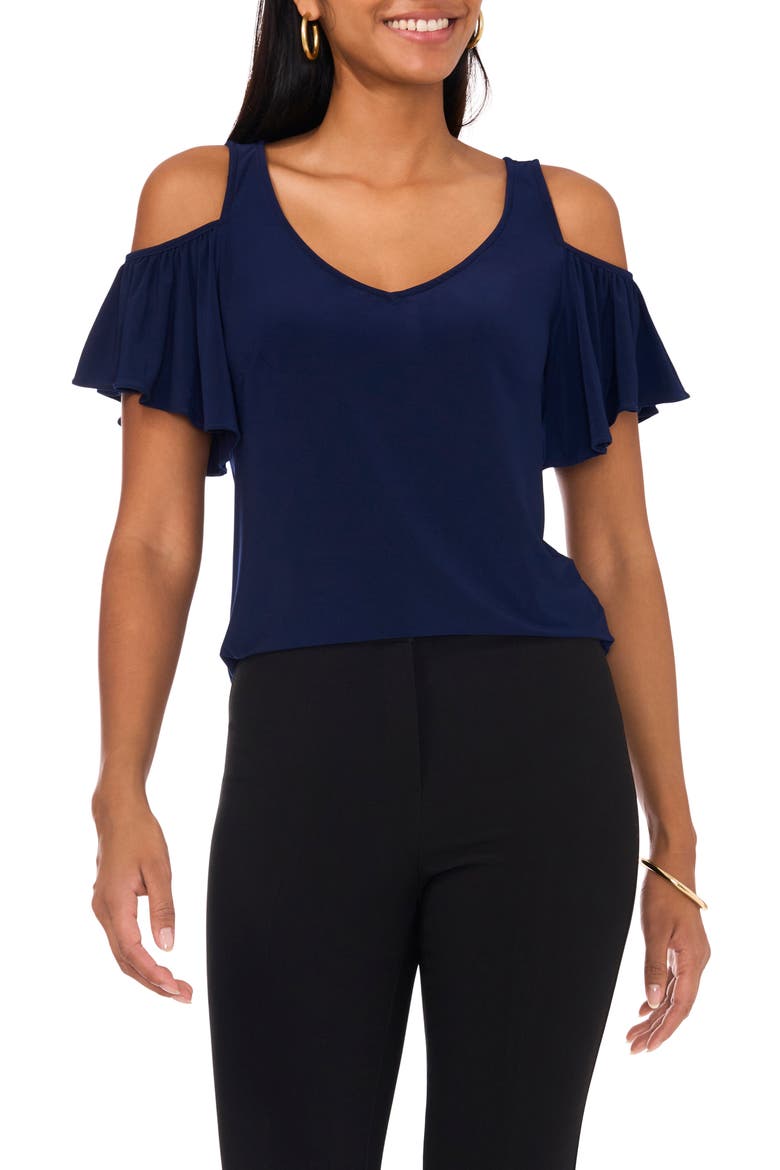 Ruffle Cold Shoulder Top, Main, color, NAVY