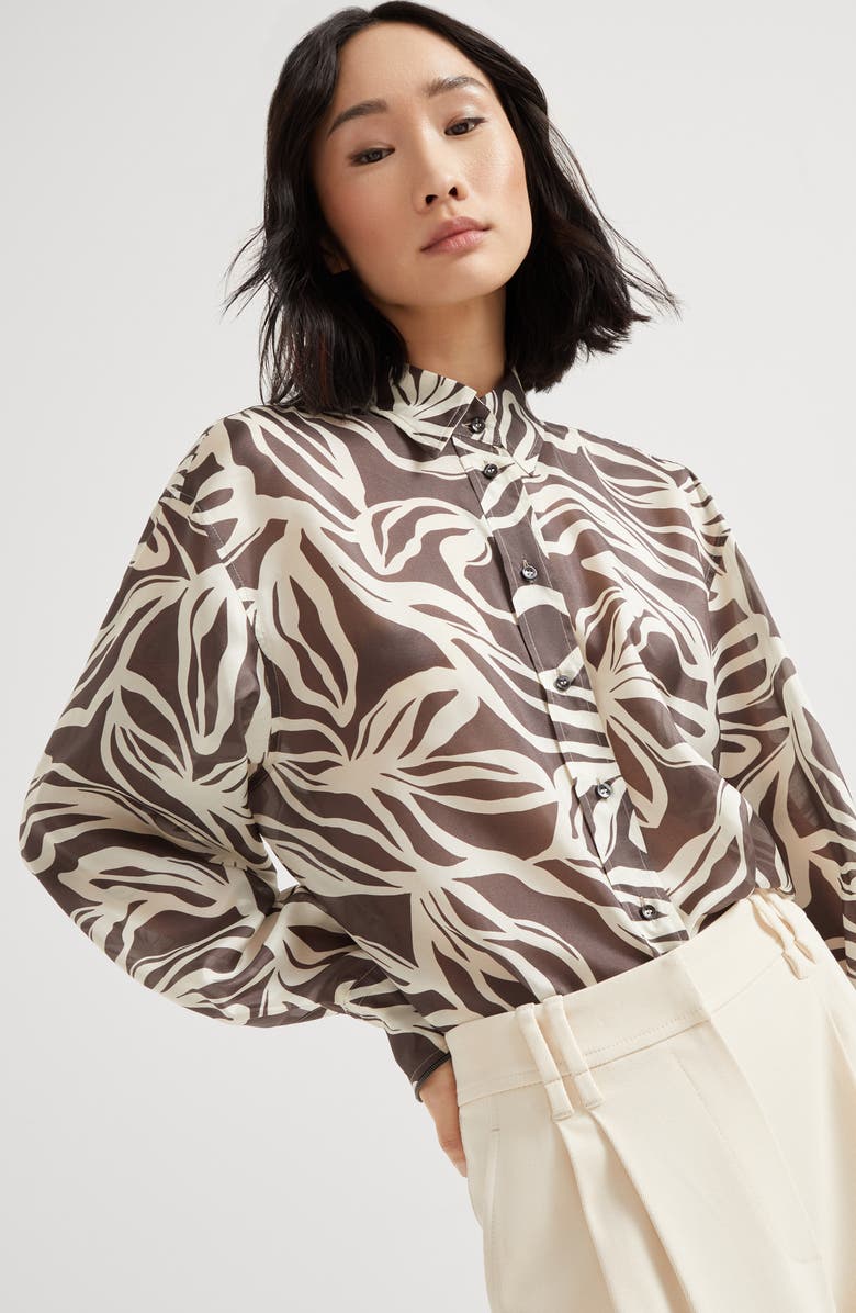 Brunello Cucinelli Pongee Flower Print shirt, Alternate, color, Cocoa