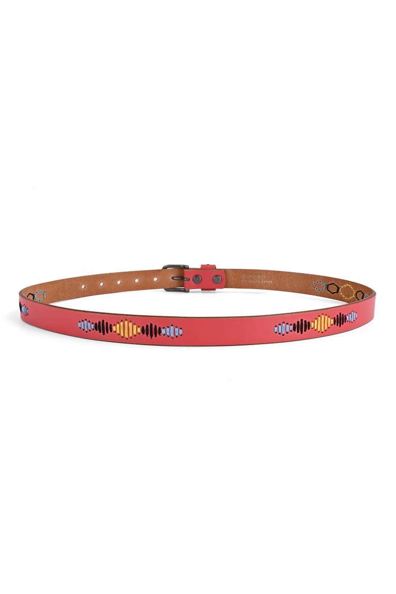 Boho Genuine Leather Stitched Perforated Detail Belt, Alternate, color, Pink