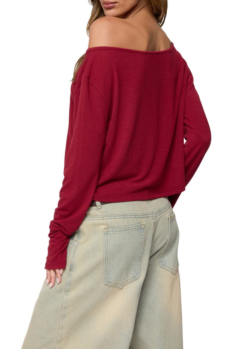 EDIKTED LA Babe Off the Shoulder Crop Graphic T-Shirt, Alternate, color, Burgundy