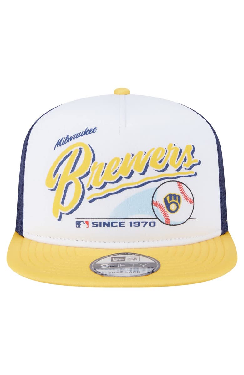 New Era Men's New Era White/Gold Milwaukee Brewers Retro Script Trucker 9FIFTY Snapback Hat, Alternate, color, 