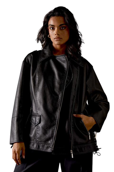 Oversized Whipstitch Leather Look Jacket