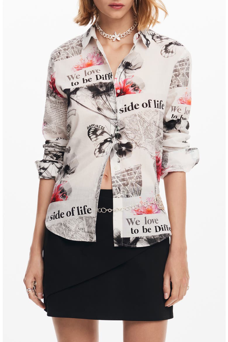 Nara Collage Poplin Button-Up Shirt, Main, color, WHITE