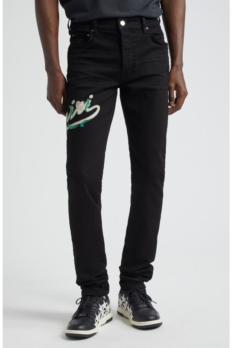 Baroque Varsity Logo Jeans, Main, color, BLACK OD