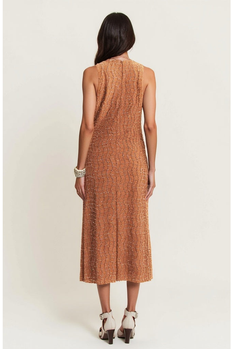 Hand-Embellished Sleeveless Midi Dress, Alternate, color, Brown / Tan