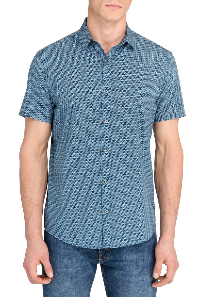 Trim Fit Hexagon Print Short Sleeve Performance Button-Up Shirt, Main, color, TEAL