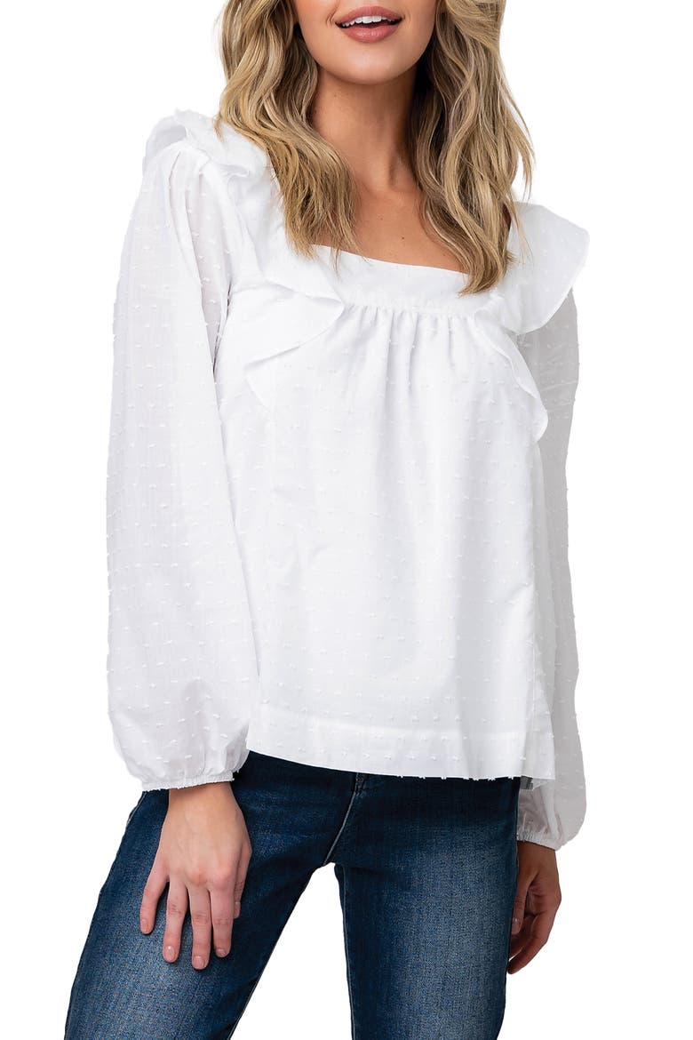 Square Ruffle Neck Long Puff Sleeve Pin Dot Blouse, Main, color, WHITE