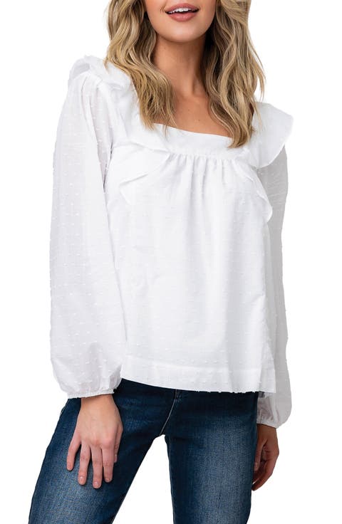 Square Ruffle Neck Long Puff Sleeve Pin Dot Blouse