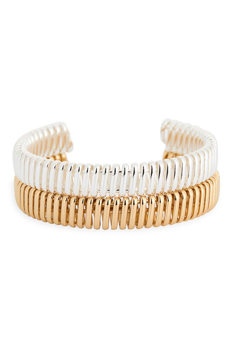 Set of 2 Ribbed Cuff Bracelets, Main, color, GOLD- SILVER