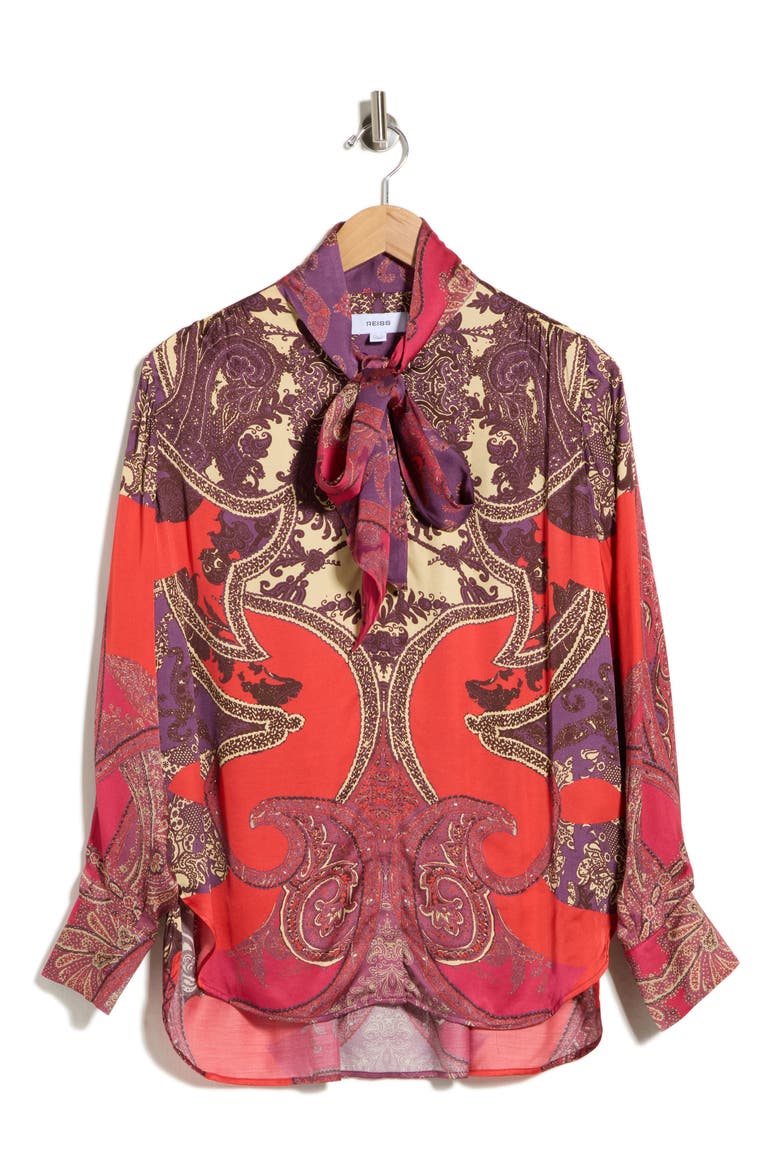Jade Paisley Tie Neck Top, Alternate, color, RED