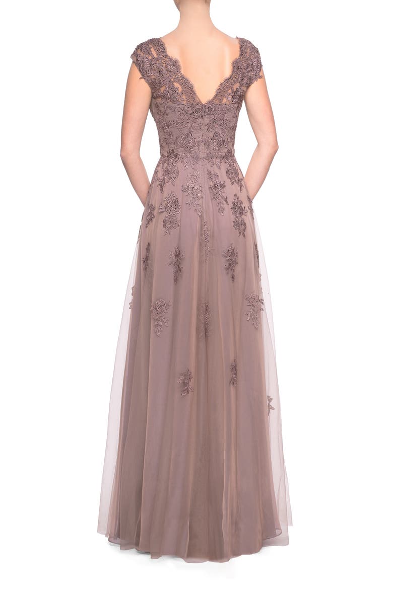 Short Sleeve Lace Gown with Cascading Embellishments, Alternate, color, COCOA