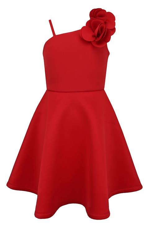 Kids' One-Shoulder 3D Flower Scuba Knit Dress