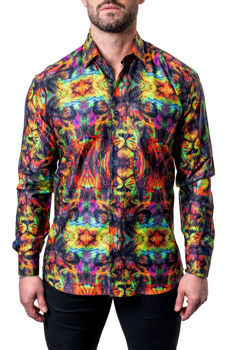 Maceoo Fibonacci Trippy Lion Button-Up Shirt, Alternate, color, 