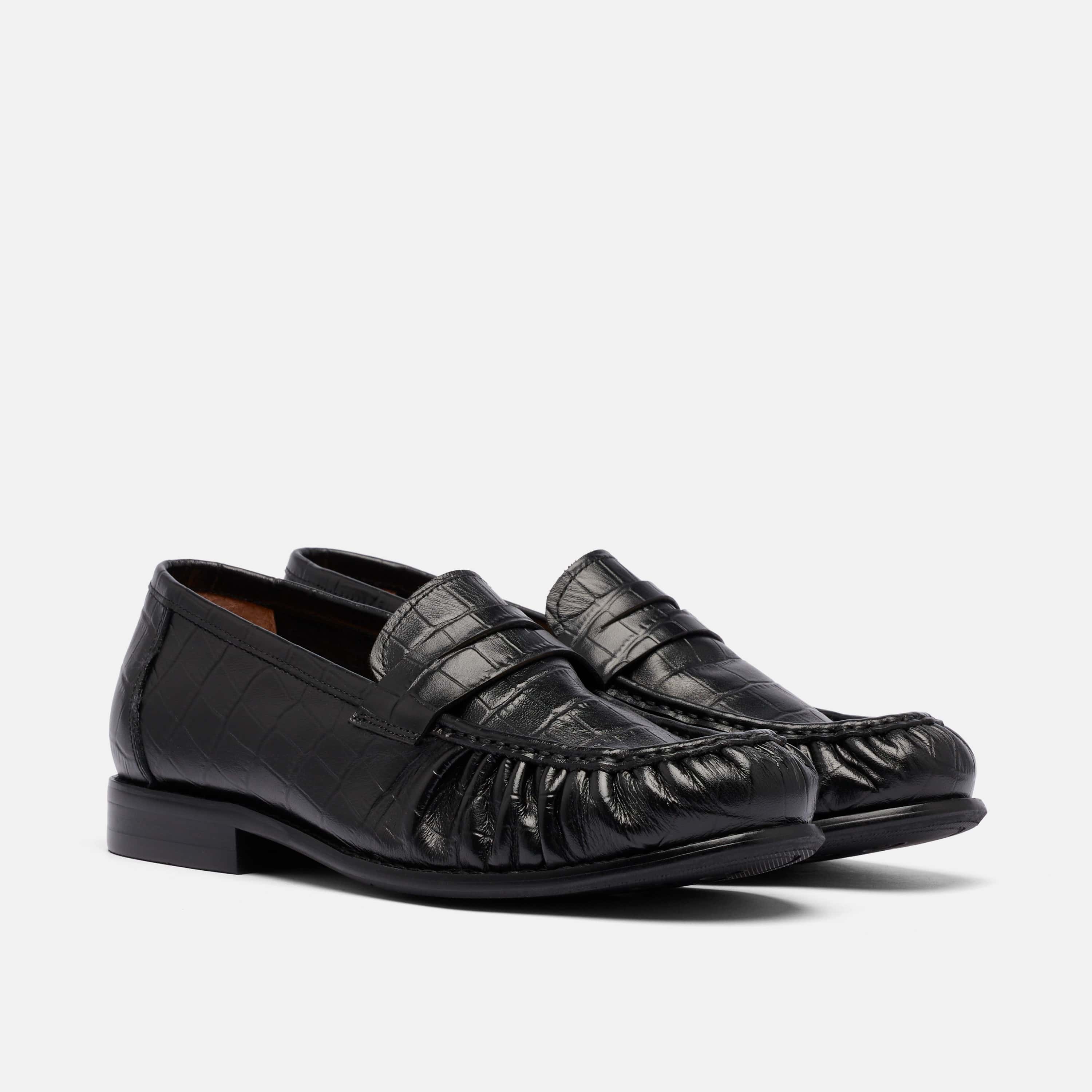 Kennedy Embossed Pleated Penny Loafer, Alternate, color, Black Croc