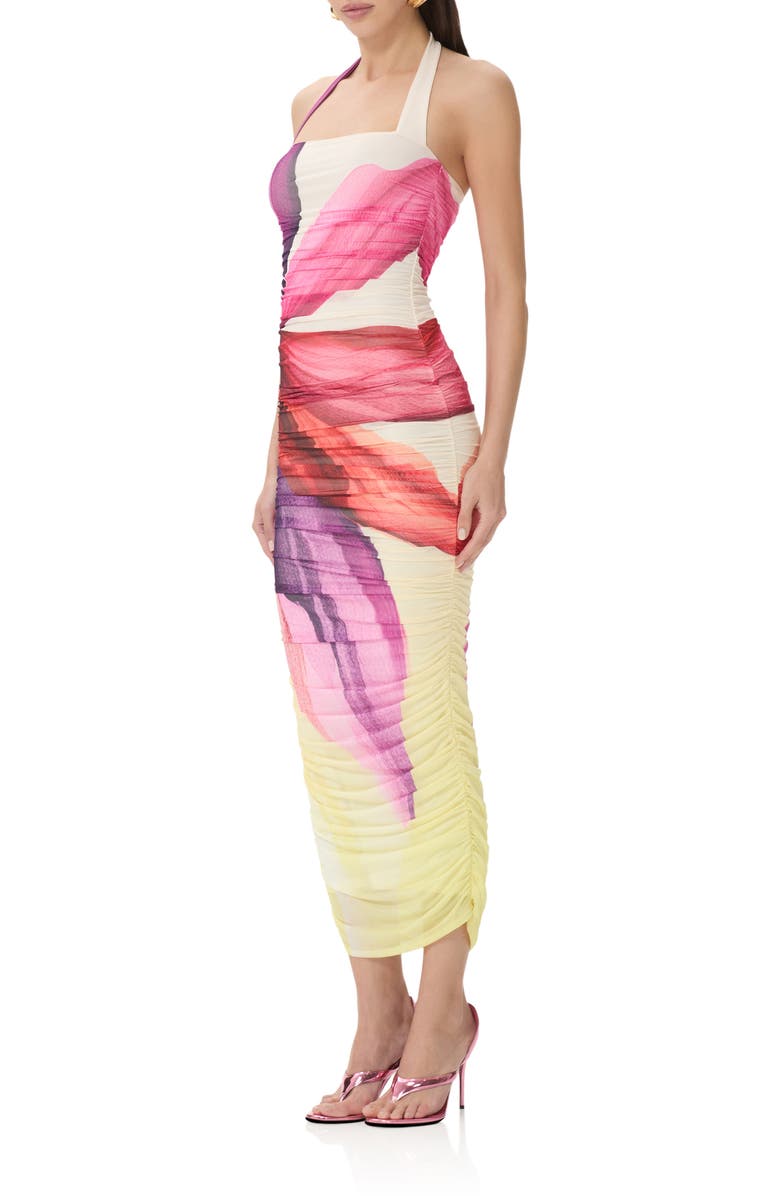 AFRM Indina Ruched Mesh Body-Con Maxi Dress, Alternate, color, Lemon Lotus