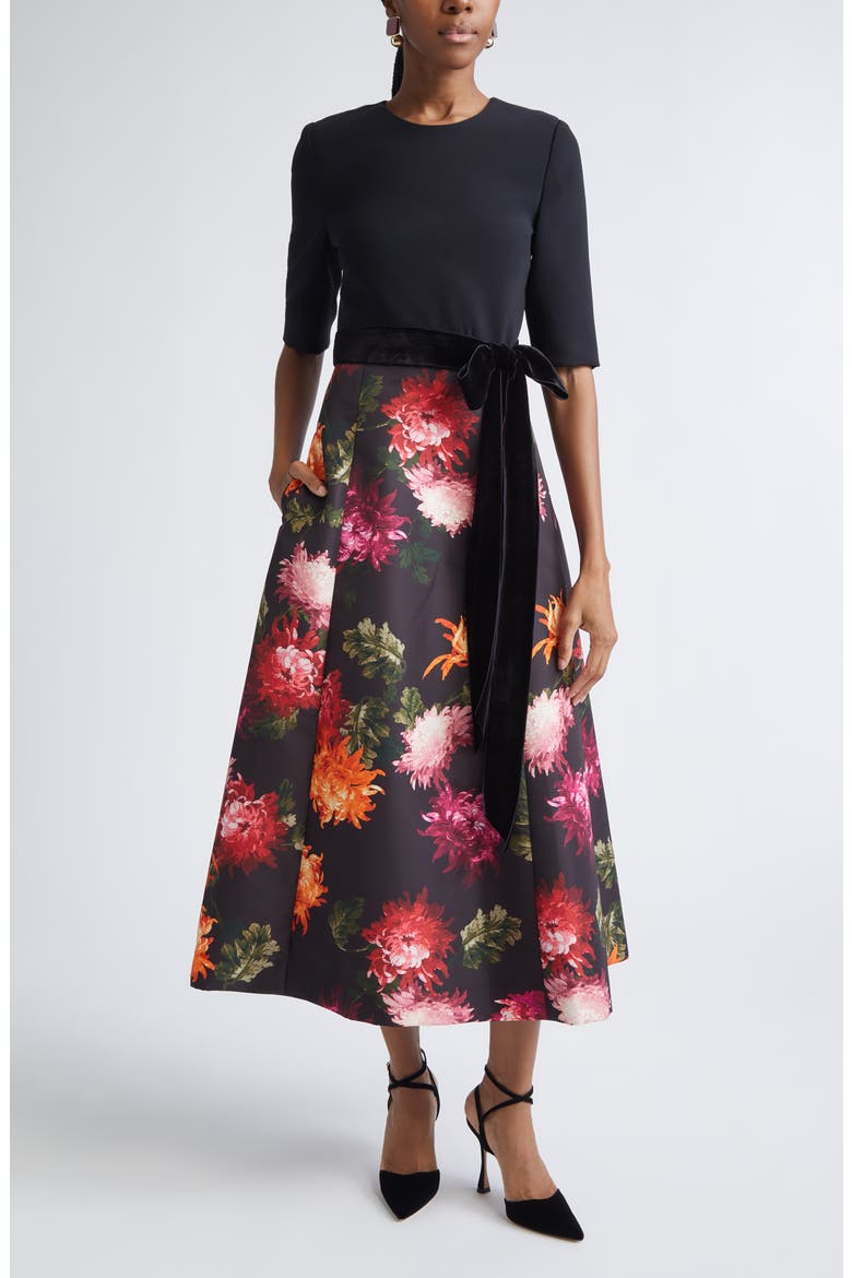 Chrysanthemum Print Crepe, Velvet & Faille Fit & Flare Midi Dress, Main, color, BLACK MULTI