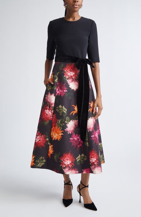 Chrysanthemum Print Crepe, Velvet & Faille Fit & Flare Midi Dress