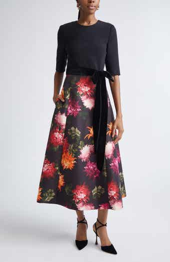 Chrysanthemum Print Crepe, Velvet & Faille Fit & Flare Midi Dress
