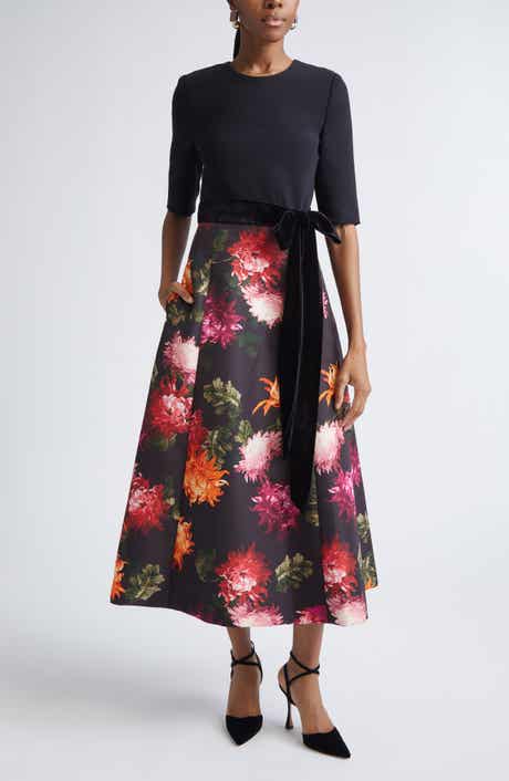 Chrysanthemum Print Crepe, Velvet & Faille Fit & Flare Midi Dress