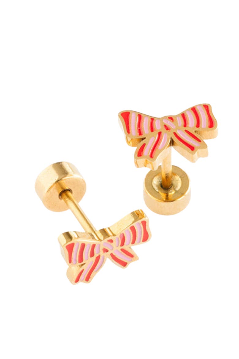 Girls' Striped Bow Flatback Stud Hypoallergenic Earrings, Alternate, color, Striped Red