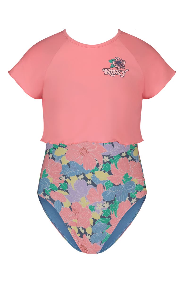 Roxy Kids' Outline Floral Rashguard & One-Piece Swimsuit Set, Alternate, color, Plumeria