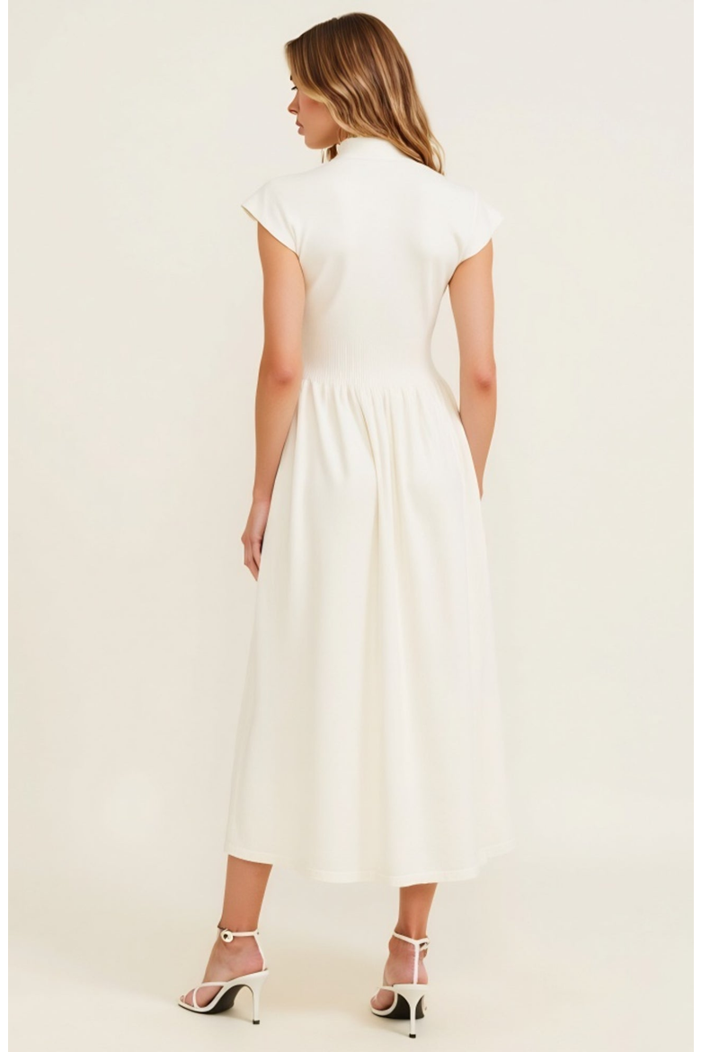 Mock Neck Cap Sleeve Knit Midi Dress with Elastic Waist Detail, Alternate, color, White