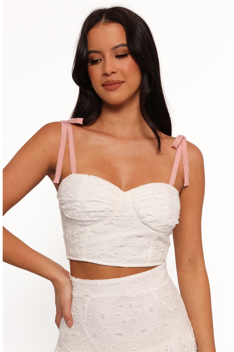 Kara Eyelet Cotton Bustier Crop Top & Maxi Skirt Set, Alternate, color, WHITE