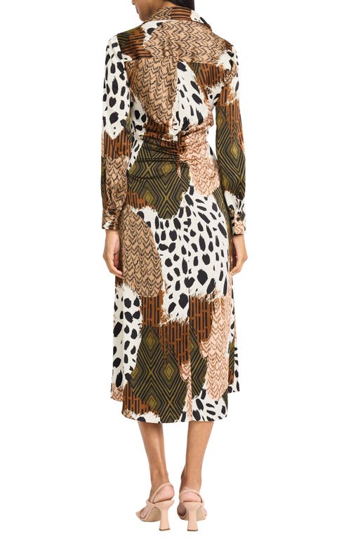 Donna Morgan For Maggy Mix Print Asymmetric Shirtdress In Cinnamon/deep Olive