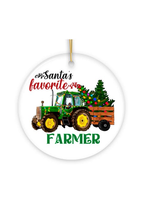 Santas Favorite Farmer Tractor Round Ceramic Ornament
