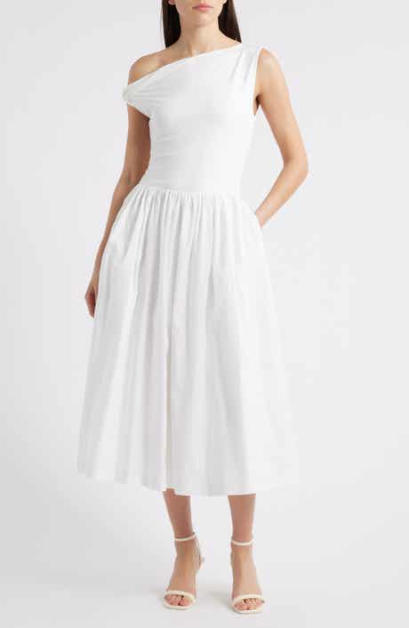 Mixed Media Asymmetric Neck Midi Dress