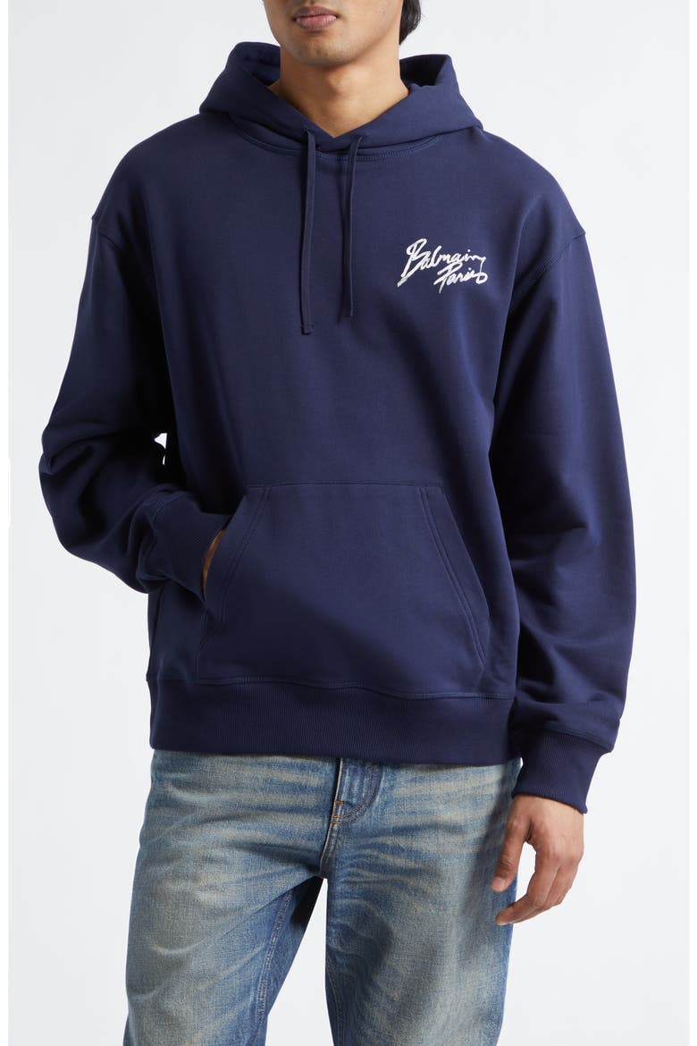 Paris Brush Logo Fleece Hoodie, Main, color, SIV NAVY/ WHITE