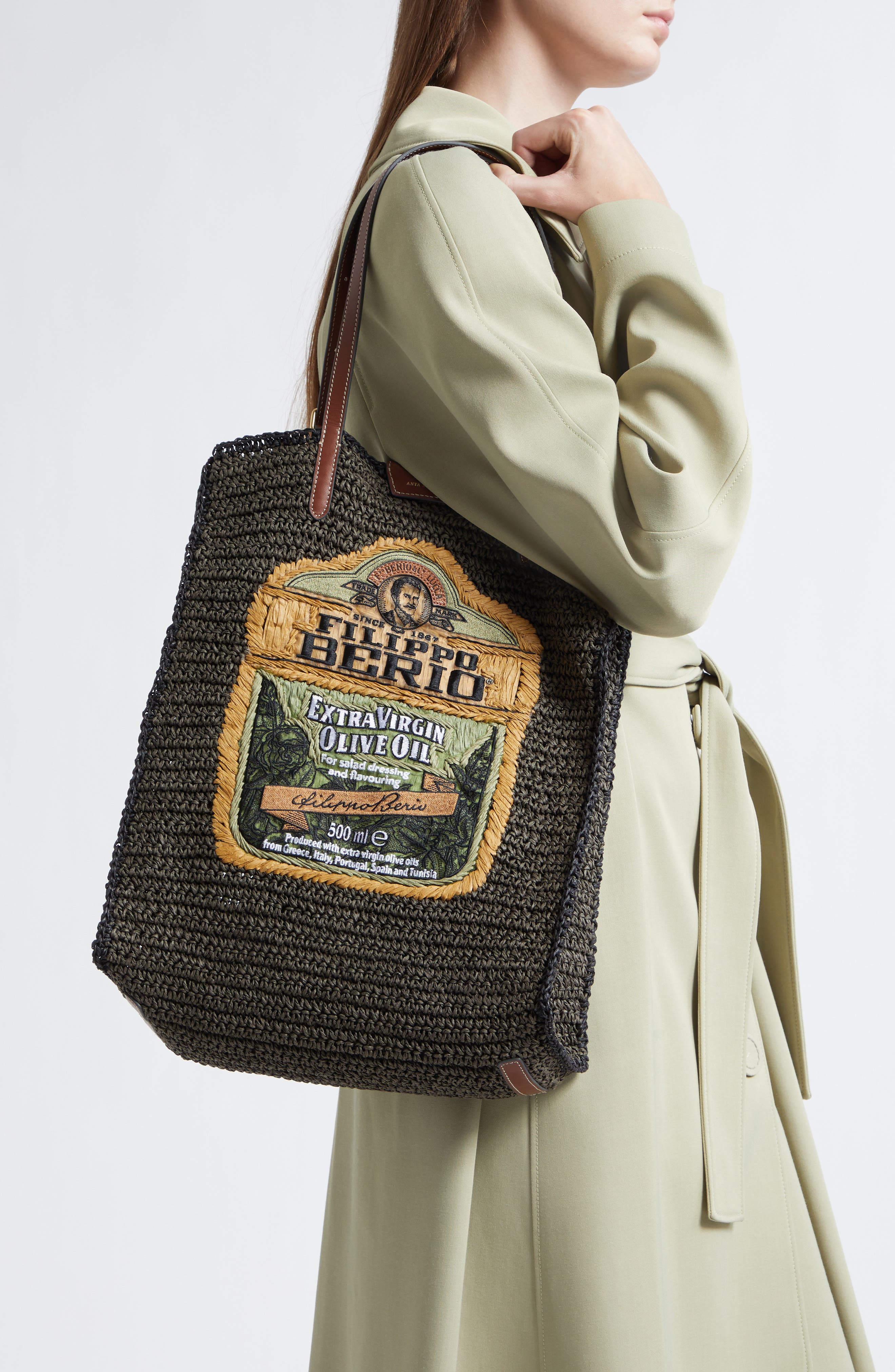 Anya Hindmarch Olive Oil Woven Raffia North/South Tote, Alternate, color, Khaki