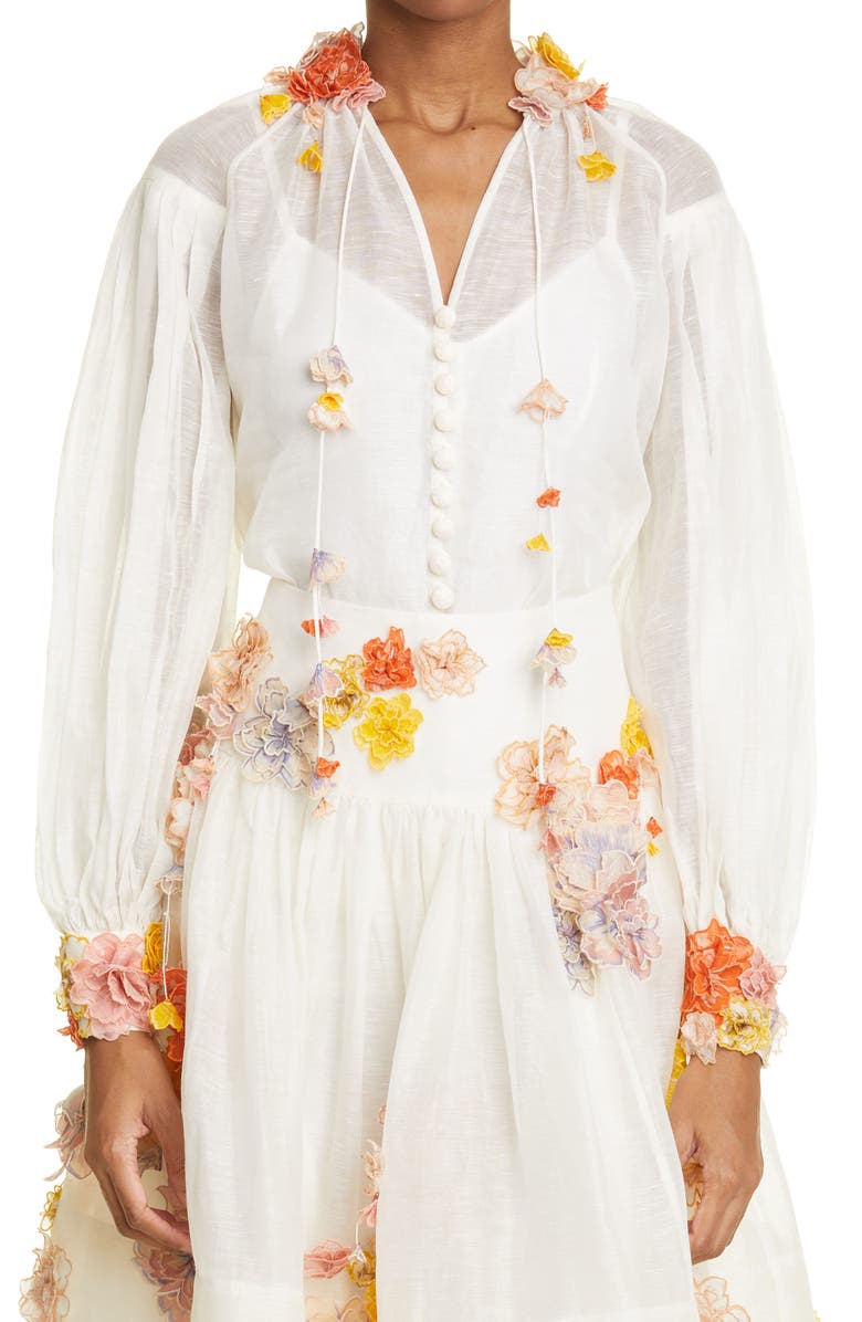Zimmermann Postcard 3D Floral Appliqué Silk & Linen Organza Blouse, Main, color, 