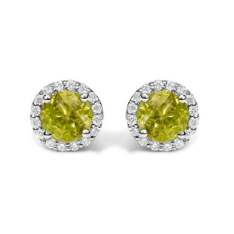10K Gold Gemstone and 1/6 Cttw Diamond Halo Stud Earring