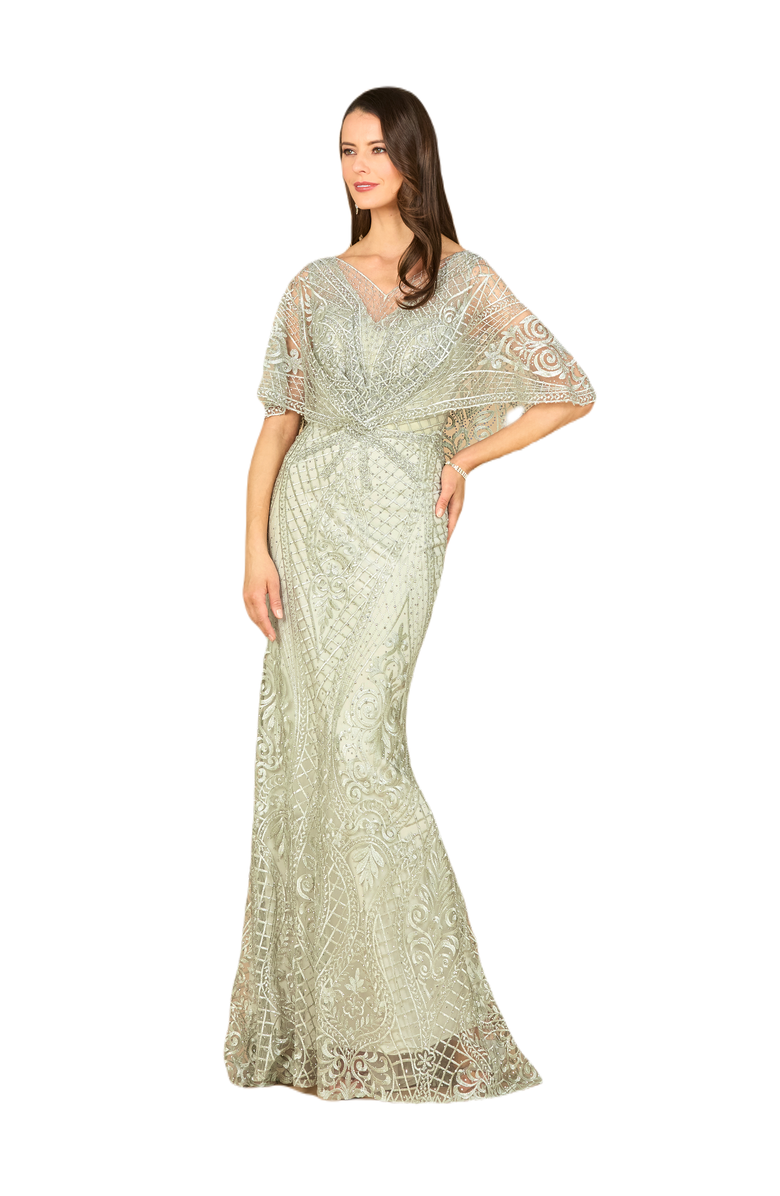 LARA New York Cape Sleeve Mermaid Gown, Main, color, Glacialgreen
