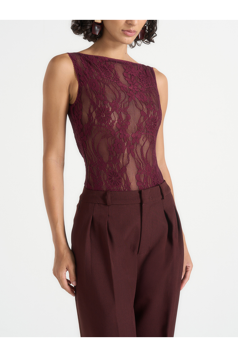 Rhonda Open-Back Lace Bodysuit, Alternate, color, Burgundy