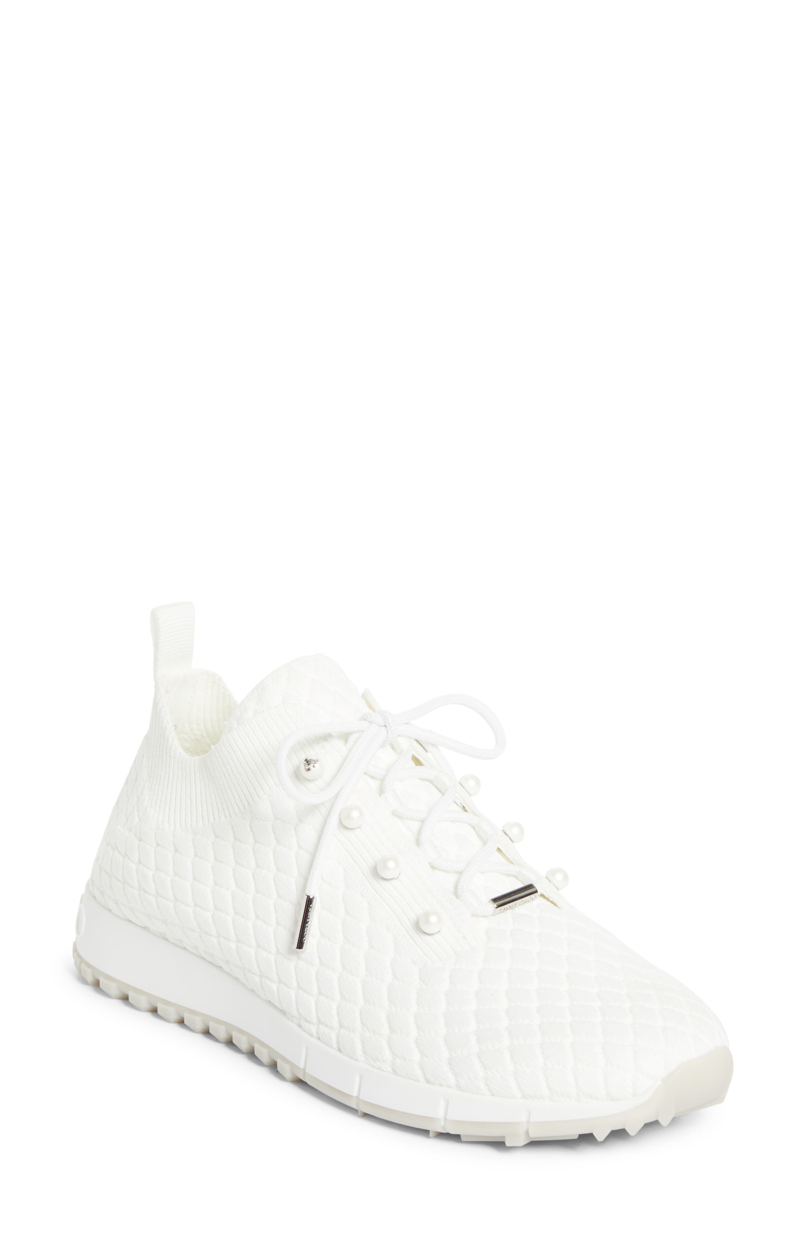 Jimmy Choo Veles Faux Pearl Knit Sneaker, Main, color, X White
