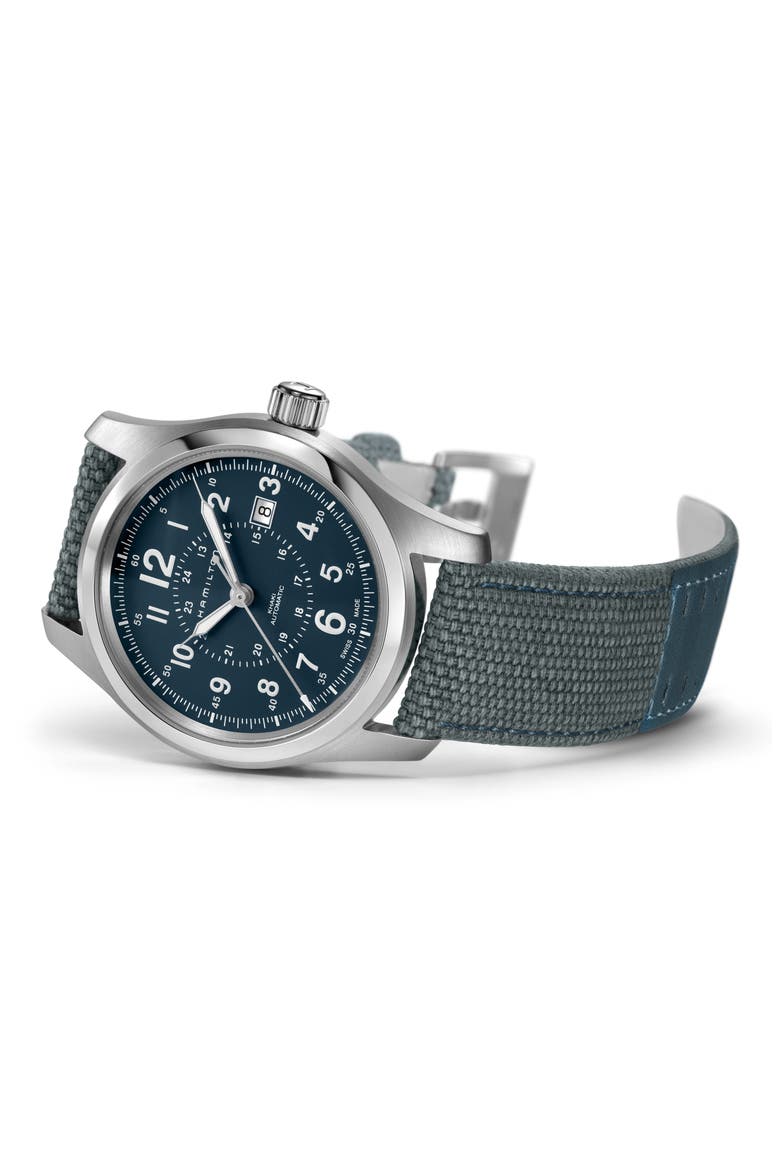 Khaki Field Automatic Canvas Strap Watch, 42mm, Alternate, color, BLUE/ SILVER