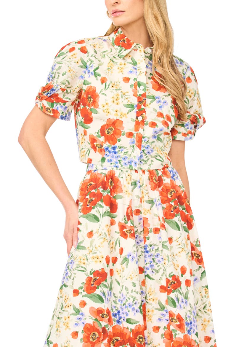 Isadora Floral Twist Sleeve Cotton Button-Up Shirt, Alternate, color, FIRE ORANGE