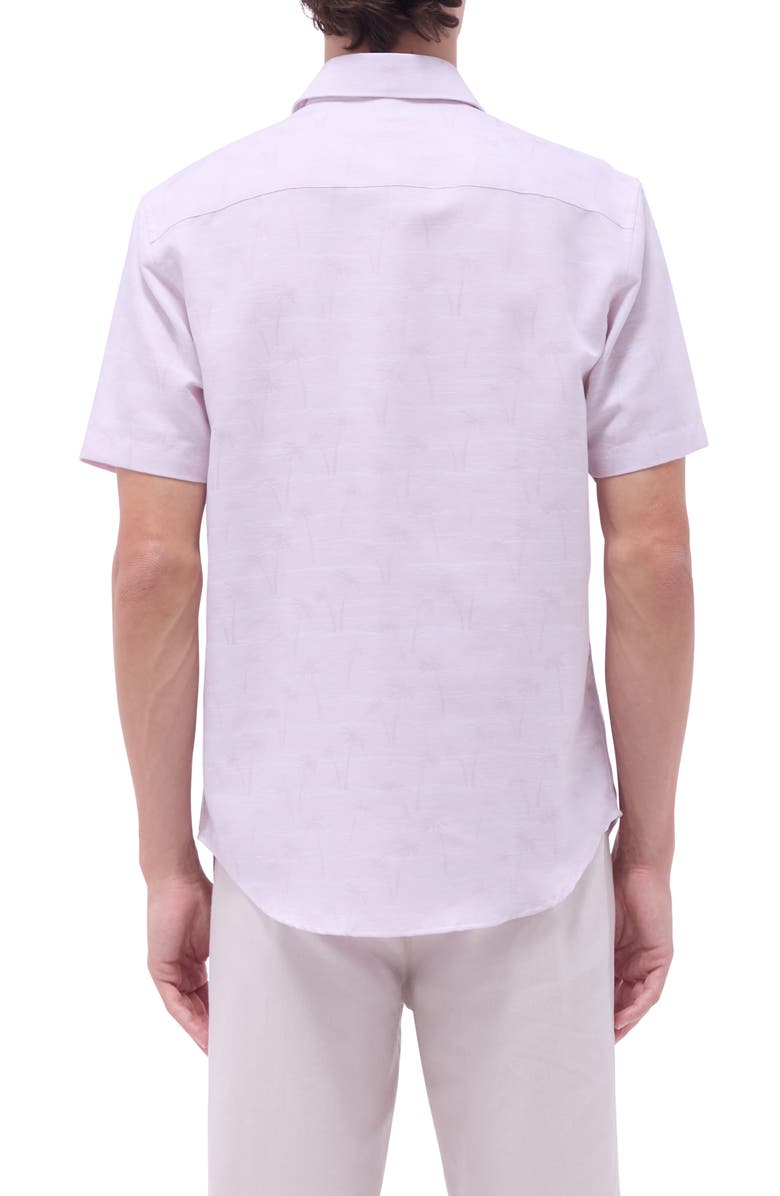 Bugatchi Orson Palm Tree Pattern Solid Short Sleeve Cotton & Linen Button-Up Shirt, Alternate, color, Dusty Pink