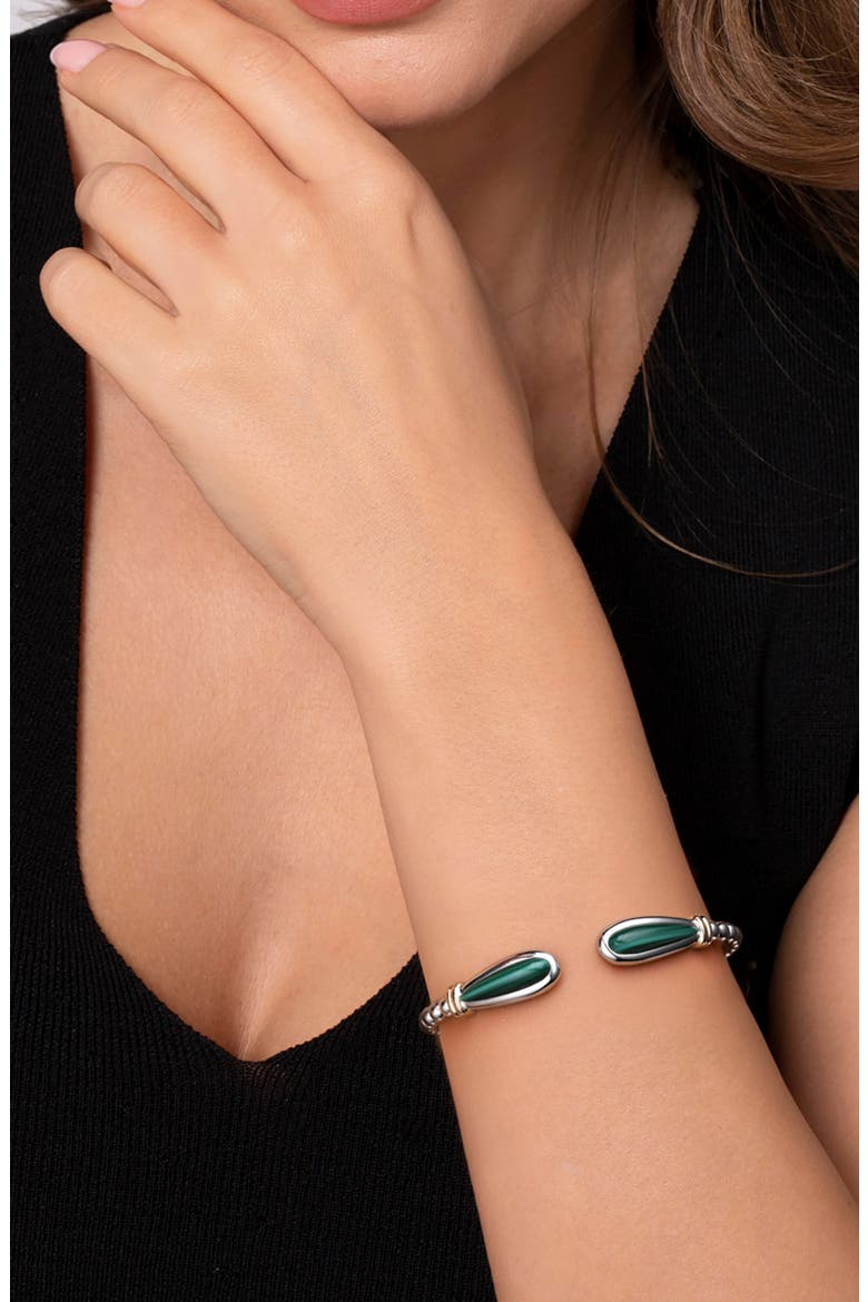 Bujukan Malachite & 14K Gold Beaded Sterling Silver Bangle Bracelet, Alternate, color, SILVER/ 14K YELLOW GOLD