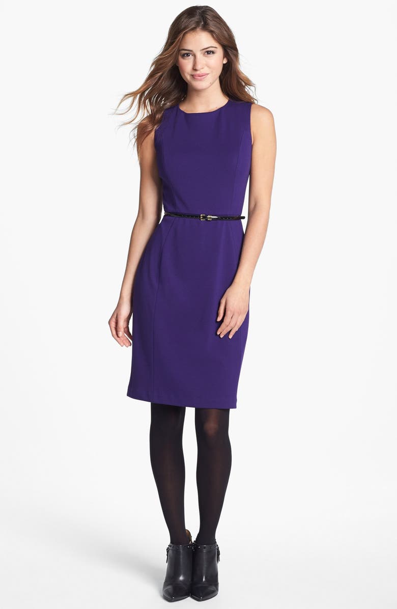 Calvin Klein Belted Ponte Sheath Dress, Alternate, color, 