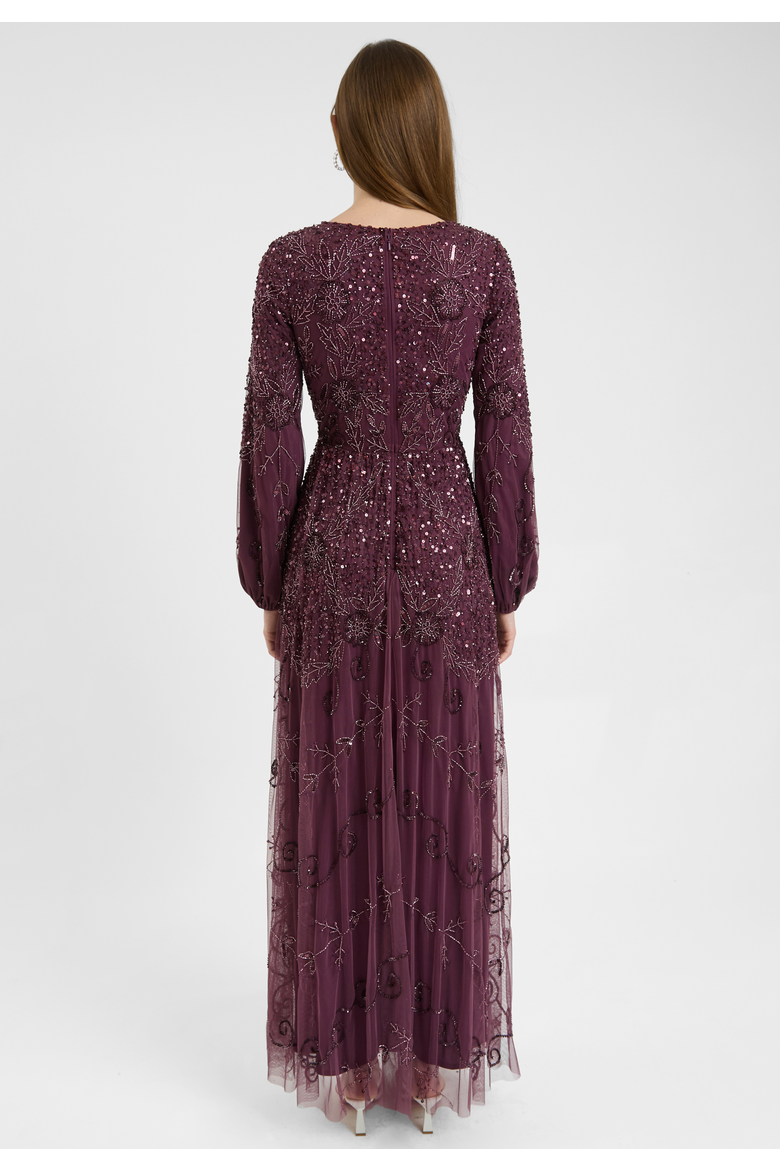 Modest Embellished Sequin Beaded Dress Maxi With Boat Neck, Alternate, color, MAUVE