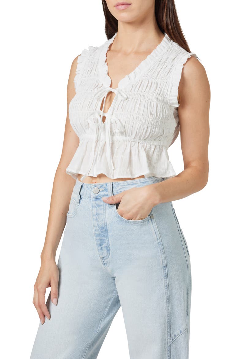 Cotton Shirred Tie Front Top, Alternate, color, WHITE