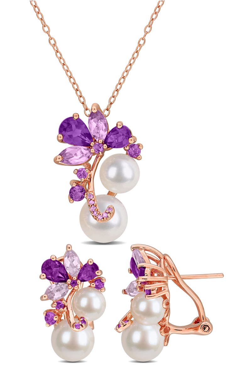 Cultured Freshwater Pearl, Amethyst & Africa Rose de France Necklace & Lever-Back Earrings Set, Main, color, MULTI-COLOR