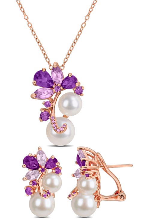 Cultured Freshwater Pearl, Amethyst & Africa Rose de France Necklace & Lever-Back Earrings Set
