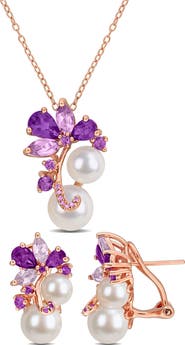 DELMAR Cultured Freshwater Pearl, Amethyst & Africa Rose de France Necklace & Lever-Back Earrings Set