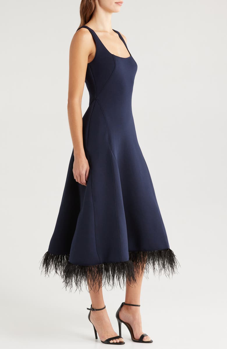 Du Paradis Brussels Feather Trim Midi Dress, Alternate, color, Navy Black