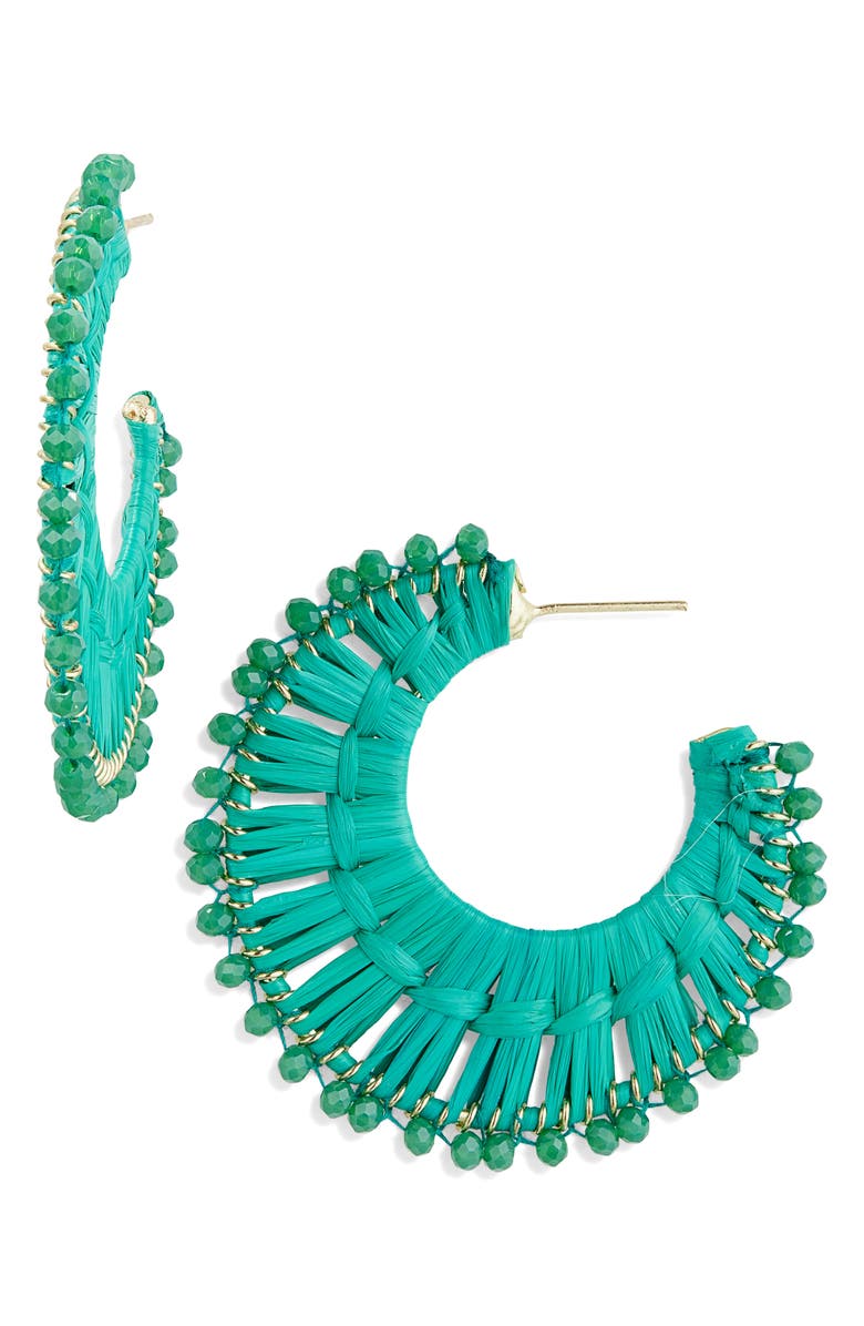 Panacea Beaded Raffia Hoop Earrings, Main, color, Green